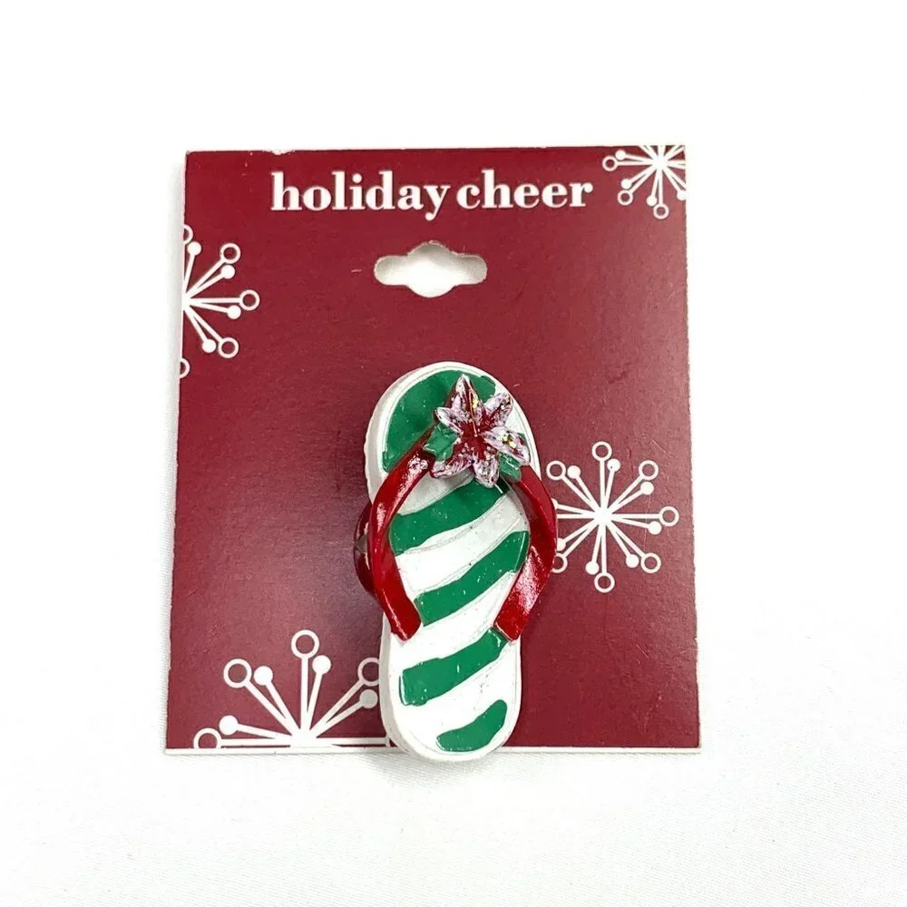 Holiday Cheer Flip Flop Thong Sandal Pin Green, White, Red 1.75